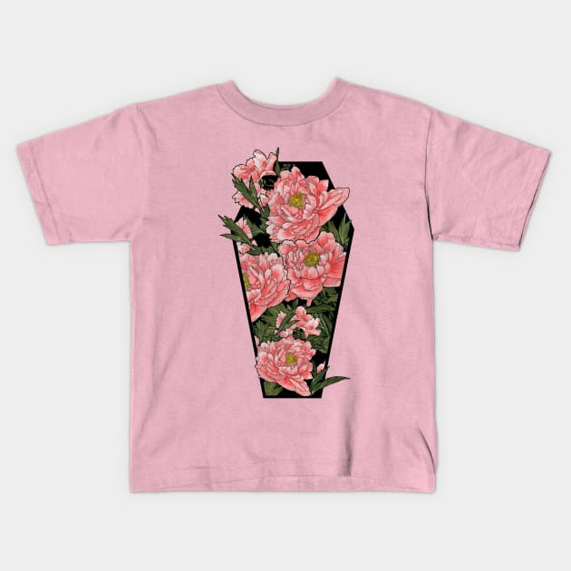 Peonies Coffin Kids T-Shirt by Heather Dorsch Creations